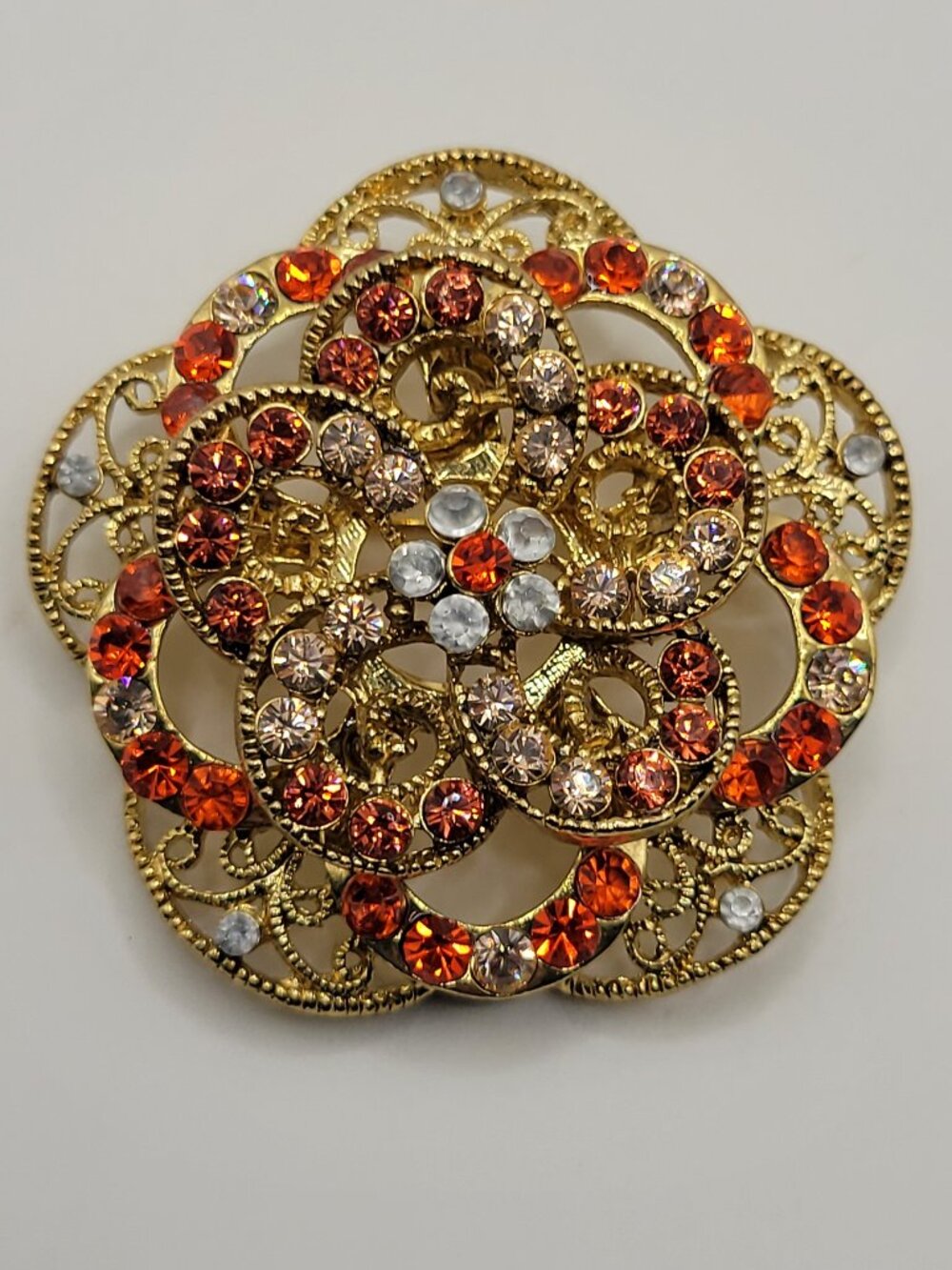 Vintage Brooch Rhinestone Orange Pink Aqua Blue Gold Tone Filigree Approx 1.75"